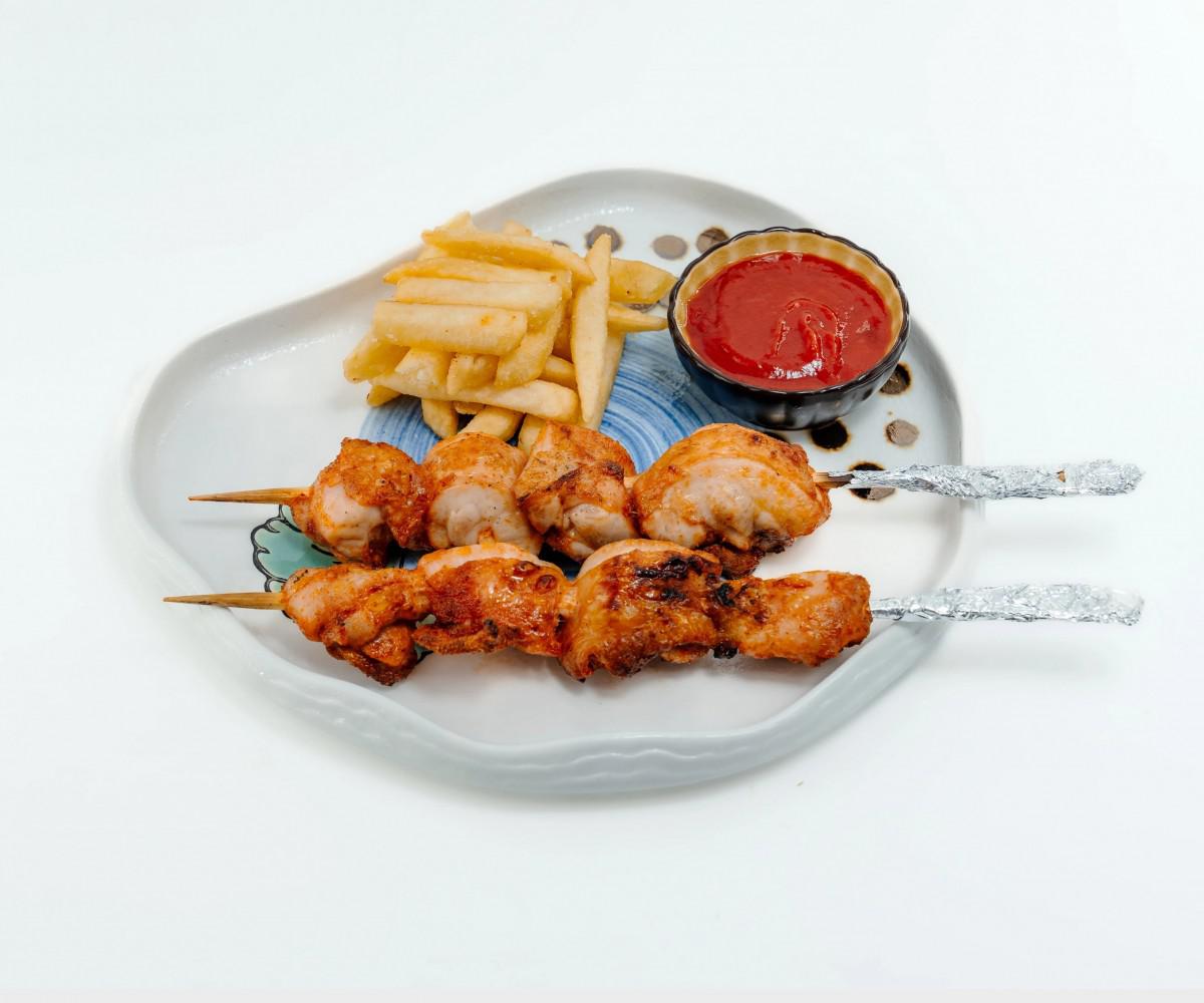 Chicken shashlik with French fries